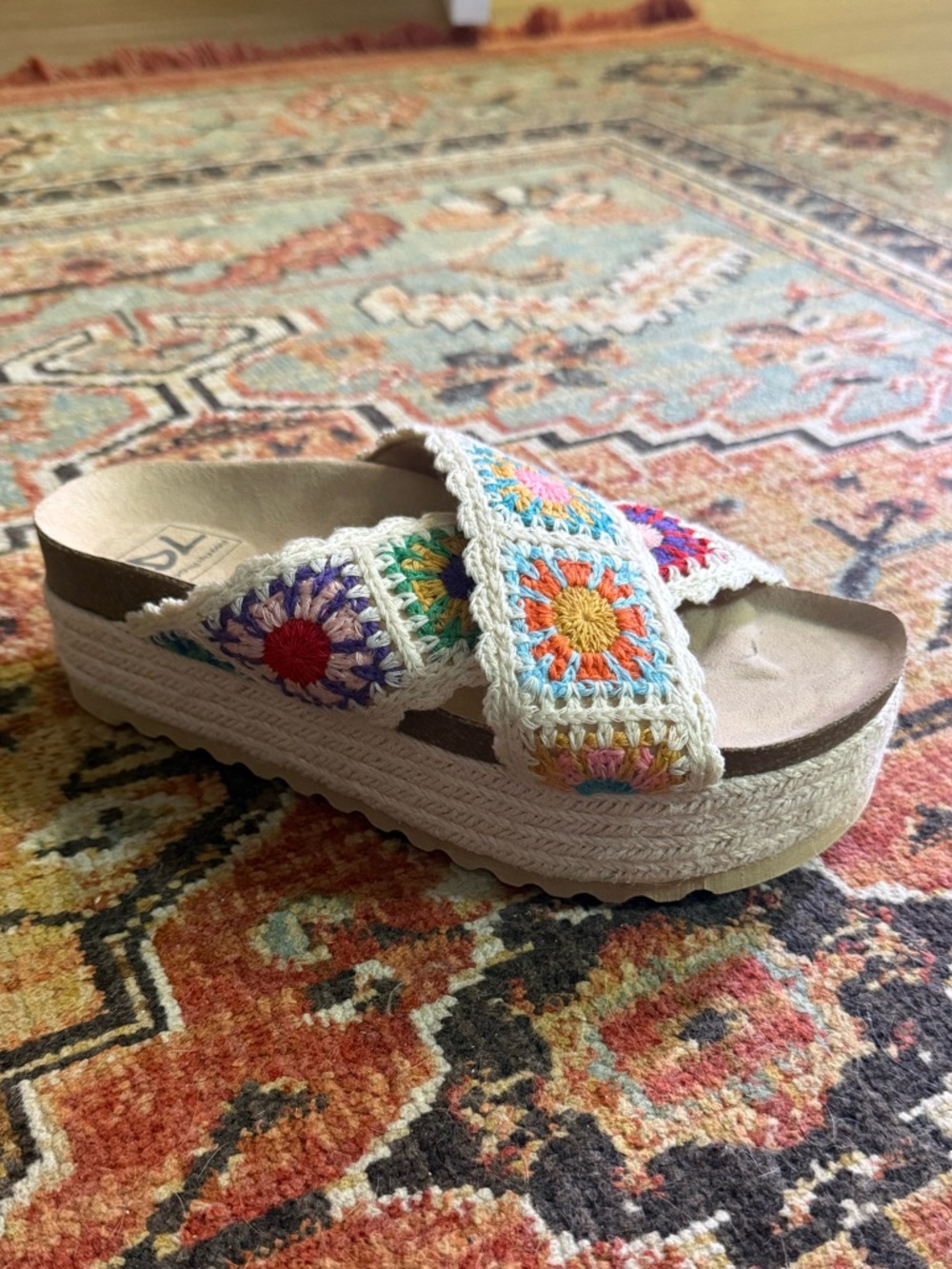 Platform Sandals with Floral Multicolor Crochet